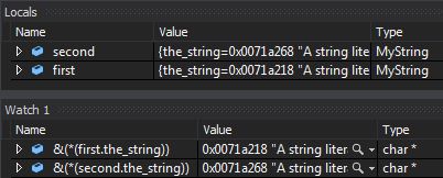 screenshot of msvc local and watch windows after calling the custom copy constructor