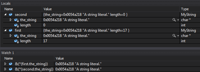 screenshot of msvc local and watch windows after calling default copy constructor