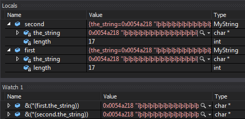 screenshot of msvc local and watch windows after calling the first destructor