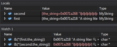 screenshot of msvc local and watch windows after calling the first destructor