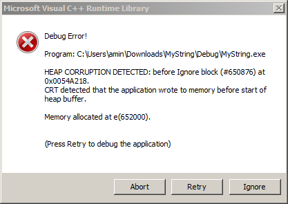 screenshot visual studio heap corruption detected window